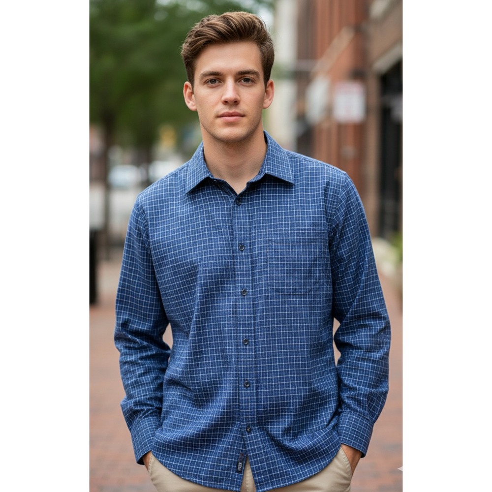 H. Herzfeld Shirt Mens Large‎ Blue Cotton Plaid Flannel Button Up Casual Wear